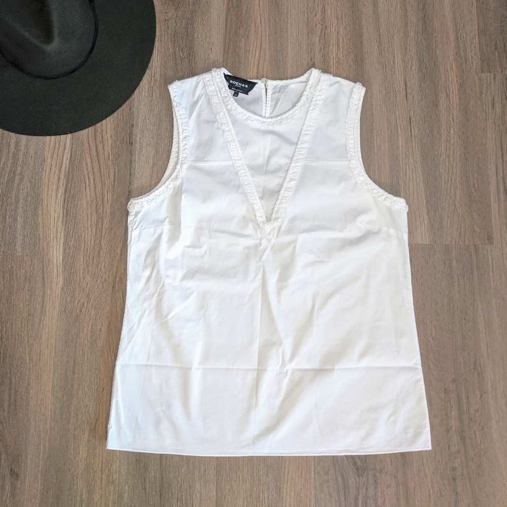 Rochas Paris White Cotton Sleeveless Blouse Small
